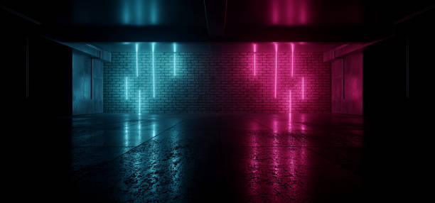 istock Neon Lights Grunge Sci Fi Underground Garage Car Room Cement Asphalt Concrete Brick Wall Realistic Blue Purple Colors Cyber Background 3D Rendering 1393508332