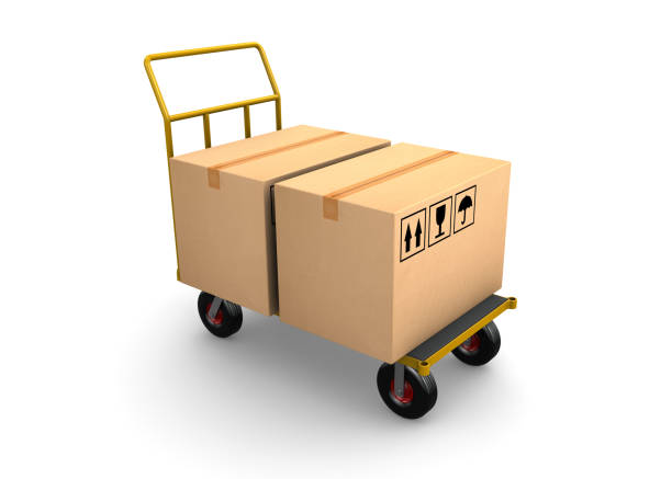 Warehouse trolley and packages stock photo