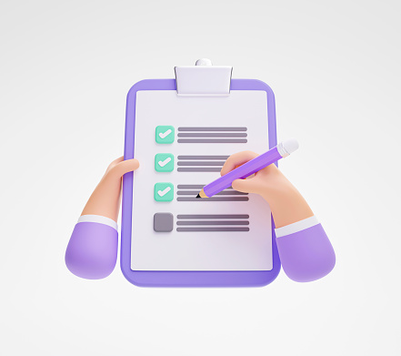 Hand holding and writing checklist application form document on clipboard on white background 3d illustration