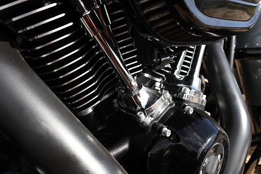 Motorbike's chromed engine, Motorbike engine close up shot.