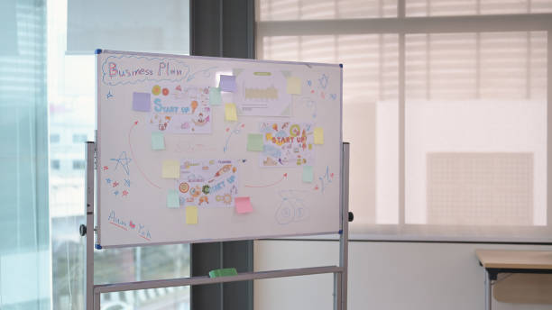 istock Modern office, flip chart with statistics and diagrams for corporate briefing or group negotiations. 1393511958