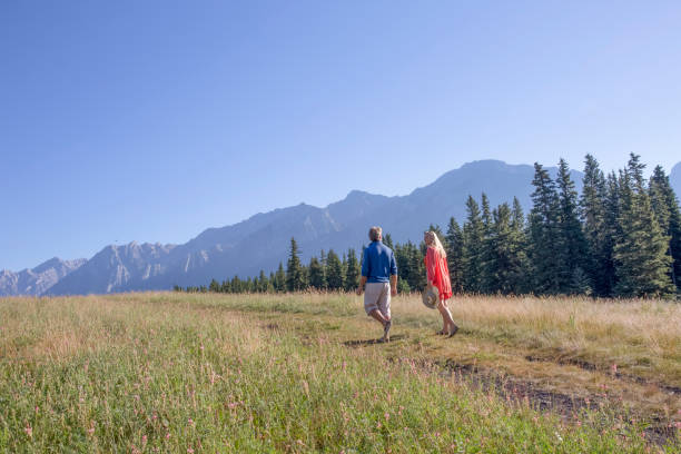 istock Couple walk through meadow in mountains 1393516162