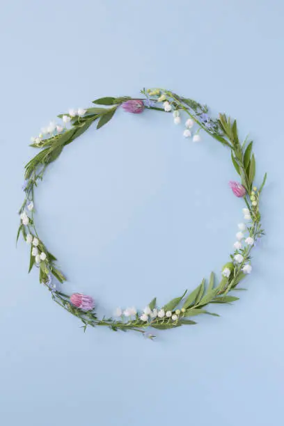 Floral round frame with copy space on a blue background. Summer or spring nature minimalistic background.