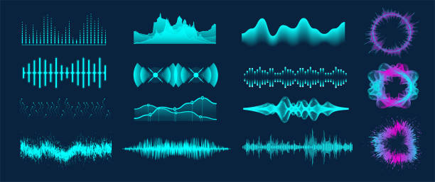 Sound waves frequency, audio music digital equalizer. Analog and digital audio signal. High frequency radio wave. Set sound waves. Radial sound wave curve with light particles. Circle audio waves Sound waves frequency, audio music digital equalizer. Analog and digital audio signal. High frequency radio wave. Set sound waves. signal level stock illustrations