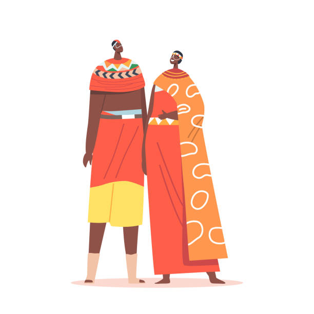 африканская пара мужчина и женщина носят традиционную одежду изолированно на белом фоне. п�леменные мужские и женские персонажи - wedding african culture nigeria american culture stock illustrations