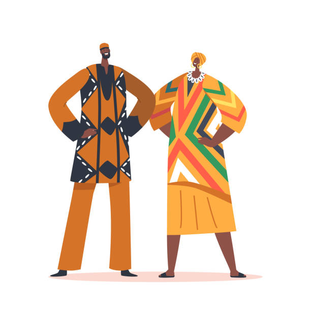ilustrações de stock, clip art, desenhos animados e ícones de african male and female character couple isolated on white background. dark skin woman and man in colorful dress - wedding african culture nigeria american culture