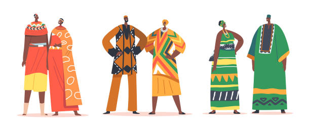 ilustrações, clipart, desenhos animados e ícones de pares de pessoas africanas em roupas tradicionais isoladas em fundo branco. personagens masculinos ou femininos em trajes nacionais - indigenous culture nigerian culture african descent nigeria