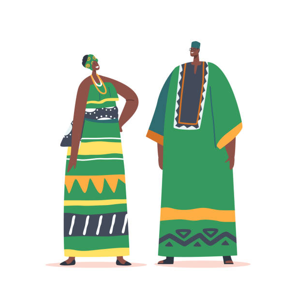 ilustrações, clipart, desenhos animados e ícones de homem e mulher africanos usam roupas tribais, headwear e acessórios. retratos do casal de personagens masculinos e femininos - indigenous culture nigerian culture african descent nigeria