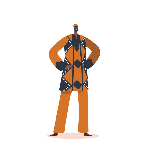 ilustrações de stock, clip art, desenhos animados e ícones de portrait of african man wear tribal clothes stand with arms akimbo. smiling indigenous male character of africa - etiopia i