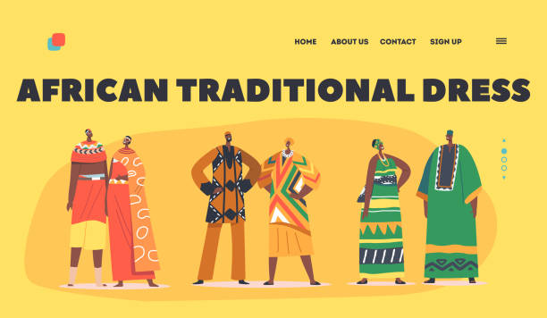 ilustrações, clipart, desenhos animados e ícones de pares de pessoas africanas no modelo de página de aterrissagem de roupas tradicionais. personagens femininas masculinas em trajes nacionais coloridos - indigenous culture nigerian culture african descent nigeria