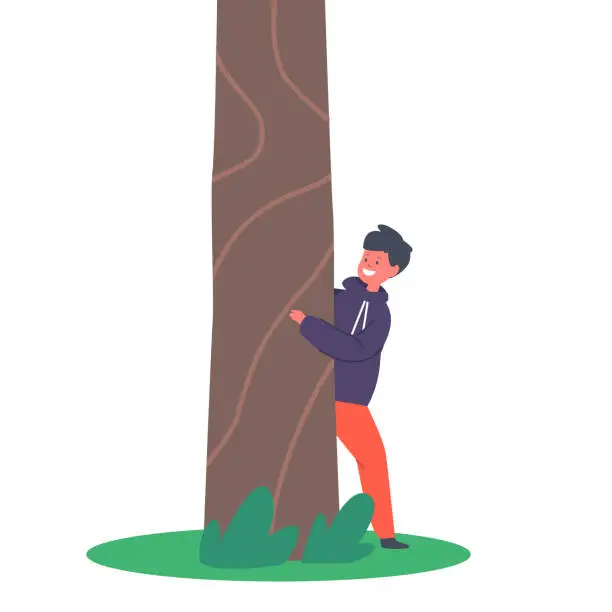 Vector illustration of Little Boy Character Hiding behind of Tree, Child Playing on Street Hide and Seek, Summer Time Rejoice. Kids Activity