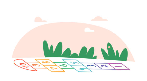 мультяшный фон с игрой hopscotch для детей, красочный меловой рисунок на земле. сетка с числами - hopscotch stock illustrations