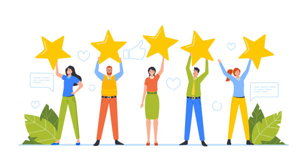 Tiny Male and Female Clients Characters Holding Huge Stars, Rating, Consumer Feedback or Customer Review Evaluation Tiny Male and Female Clients Characters Holding Huge Stars, Rating, Consumer Feedback or Customer Review Evaluation, Satisfaction Level and Critic Concept. Cartoon People Vector Illustration suitable upper stock illustrations
