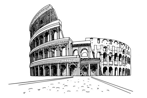 vektor-skizze des kolosseums oder des flavianischen amphitheaters, rom, italien. - flavian amphitheater coliseum rome stock-grafiken, -clipart, -cartoons und -symbole