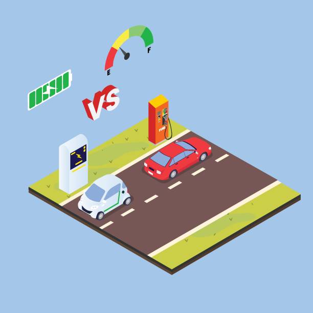 illustrations, cliparts, dessins animés et icônes de voiture électrique versus essence isométrique 3d - isometric gas station transportation car