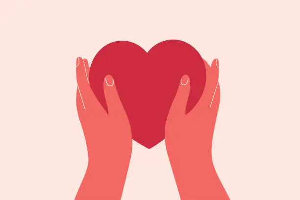 Vector illustration of Two hands hold big red heart. Concept of love, charity, philanthropy and donation. Vector illustration