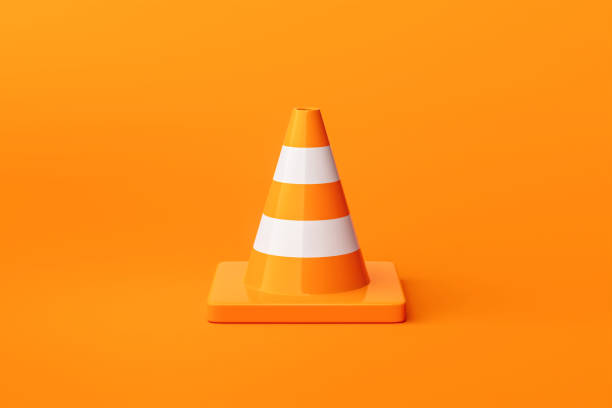 istock 3D traffic cone on orange background of warning safety under construction symbol or transportation security attention street road sign and maintenance caution stop icon repair alert accident notice. 1393523009