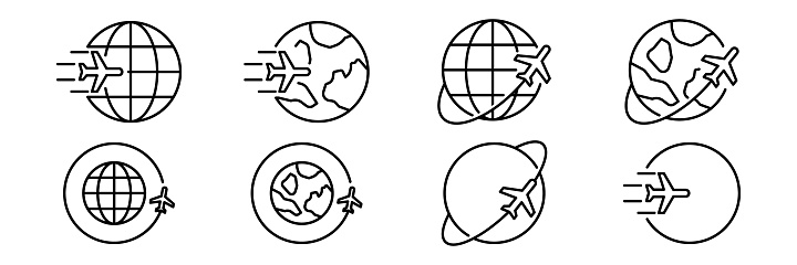 Airplane fly around the planet Earth set vector line icons