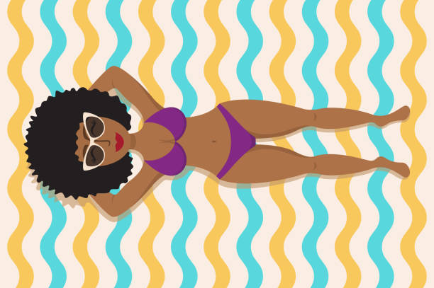 illustrations, cliparts, dessins animés et icônes de une fille noire prend un bain de soleil sur une plage. motif ondulé pour serviette. - sensuality color image wallpaper black