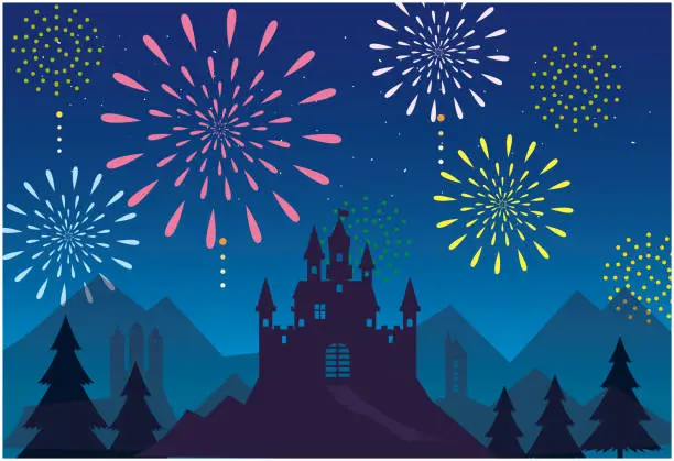 Vector illustration of Beautiful castle fireworks in the night sky