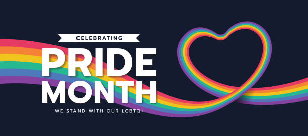 illustrazioni stock, clip art, cartoni animati e icone di tendenza di celebrazione del mese dell'orgoglio - lungo rotolo di bandiera dell'orgoglio arcobaleno fatto a forma di cuore su sfondo nero disegno vettoriale - pride month