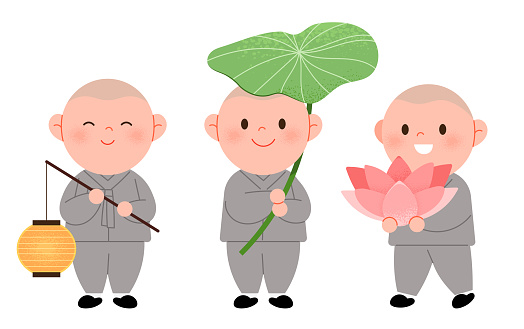 Each is standing holding a lotus flower, lotus leaf, and a lotus lantern.