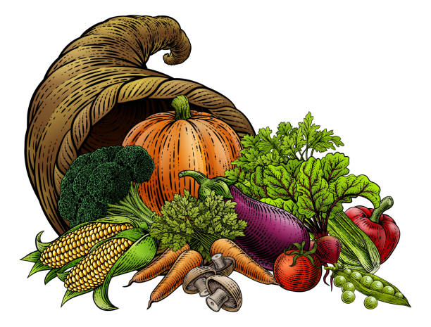 Cornucopia Horn Produce Vegetables Vintage Woodcut Cornucopia horn of plenty with vegetables and fruit produce. Illustration in a vintage retro woodcut etching style. radish art drawing stock illustrations