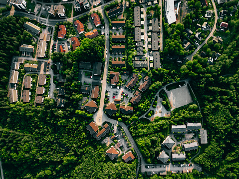 Aerial view of european town. Houses in beautiful residential neighbourhood during summer season in Finland