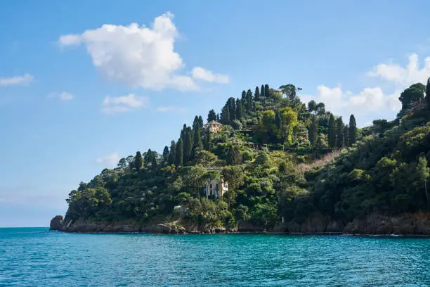 Historical villas nested into the forest along the rocky coastline. Portofino. Genova. Italy.