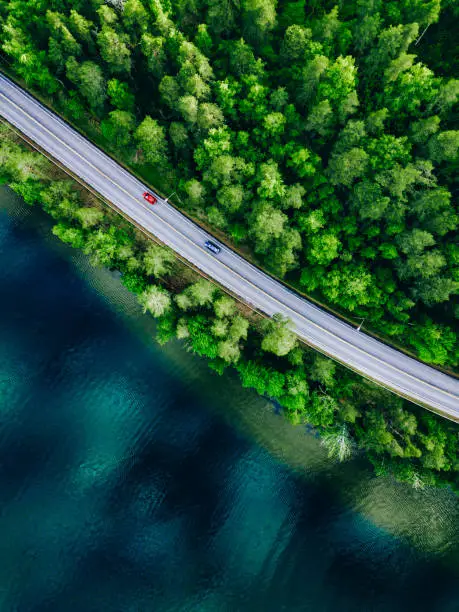 Photo of Aerial view of coastline road with green woods and blue lakes water in Finland.