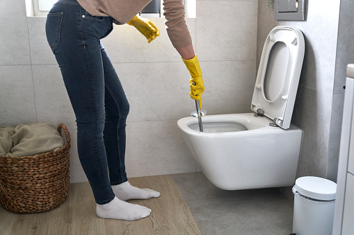 Mujer irreconocible limpiando el inodoro del baño photo