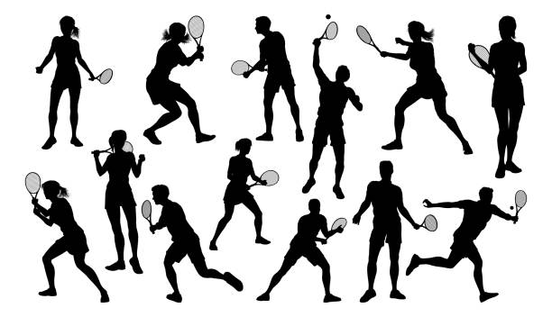 ilustraciones, imágenes clip art, dibujos animados e iconos de stock de silueta tenistas deportistas conjunto de gente - tennis serving female playing