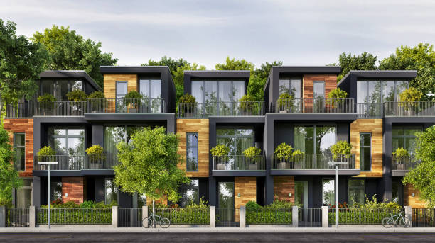 modern townhouse design - construction apartment house in a row imagens e fotografias de stock