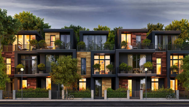 diseño moderno de casas adosadas - housing development apartment house outdoors fotografías e imágenes de stock