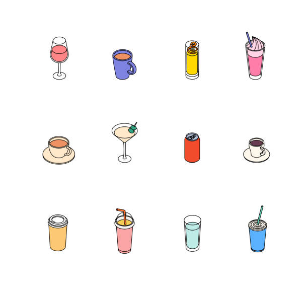 izometryczny zestaw do jedzenia i picia - starbucks coffee drink coffee cup stock illustrations