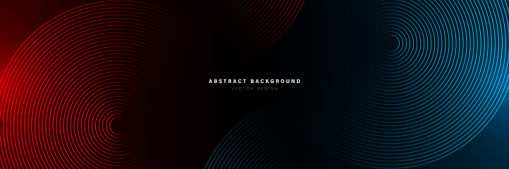 Abstract futuristic technology lines background with red and blue light effect. Gradient circle line pattern design. Glowing lines vector. Modern dark banner template graphic elements. Vector illustration