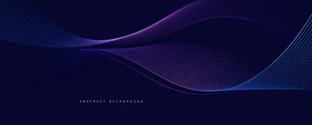 Vector illustration of Dark abstract background with glowing wave. Shiny moving lines design element. Modern purple blue gradient flowing wave lines. Futuristic technology concept. Vector illustration