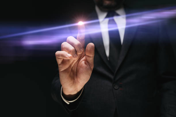 istock Businessman tapping virtual screen, modern futuristic and innovative technology concept 1393541922