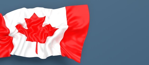 Partial Canadian flag is waving on blue gray background. Horizontal composition with copy space. Easy to crop for all your social media and print sizes.