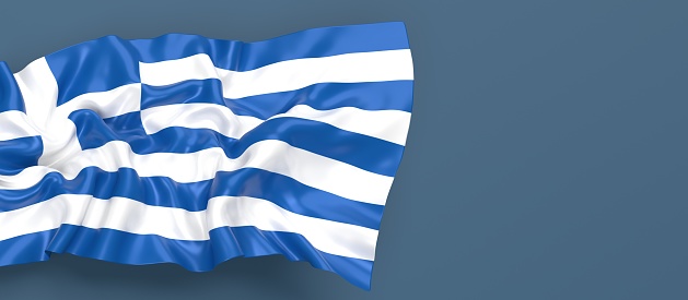Partial Greek flag is waving on blue gray background. Horizontal composition with copy space. Easy to crop for all your social media and print sizes.