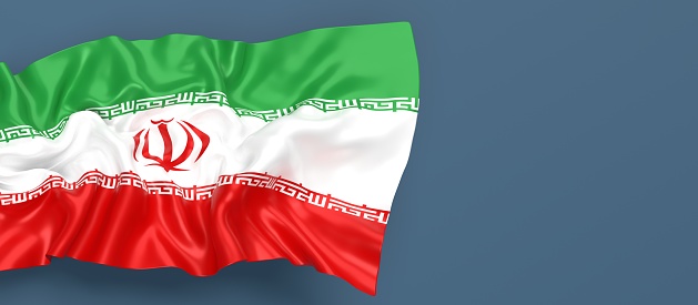 Partial Iranian flag is waving on blue gray background. Horizontal composition with copy space. Easy to crop for all your social media and print sizes.