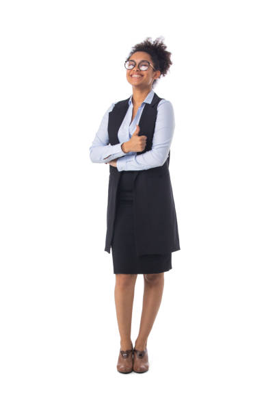 Full body portrait of a young mixed race black business woman smiling on isolated white background