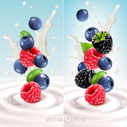 3D realistic set of falling wild berries in yogurt or milk, blueberry, raspberry, cranberry, cowberry