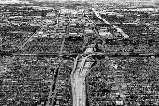 aerial view to Los Angeles City with houses and streets in rectangular pattern