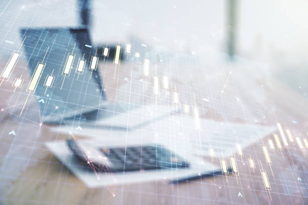istock Multi exposure of virtual abstract financial chart hologram and world map on blurry calculator with laptop background, research and analytics concept 1393548157