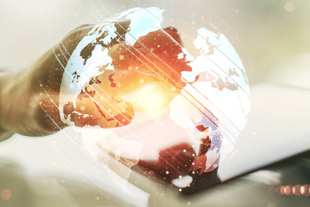 istock Double exposure of abstract digital world map and finger clicks on a digital tablet on background, research and strategy concept 1393548708