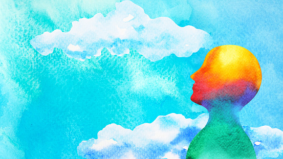 human head in blue sky abstract art mind mental health spiritual healing  free freedom feeling watercolor painting illustration design drawing