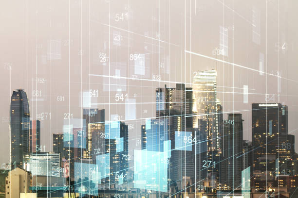 istock Multi exposure of stats data illustration on Los Angeles city skyline background, computing and analytics concept 1393548835