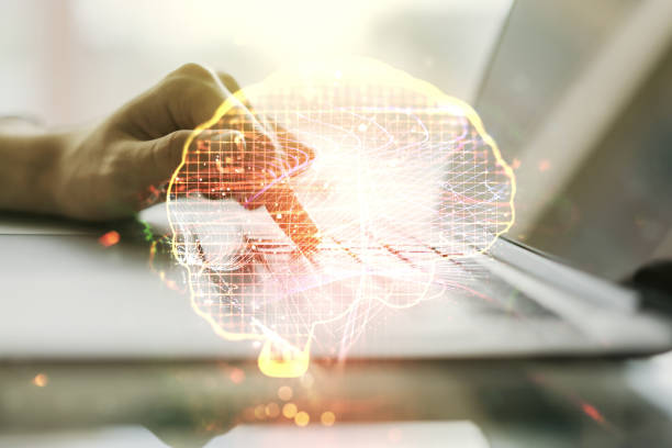istock Double exposure of creative human brain microcircuit with hand typing on computer keyboard on background. Future technology and AI concept 1393548878