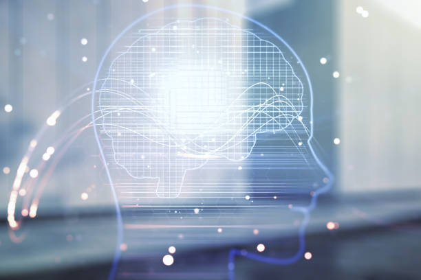 istock Double exposure of creative artificial Intelligence hologram on modern business center exterior background. Neural networks and machine learning concept 1393548928